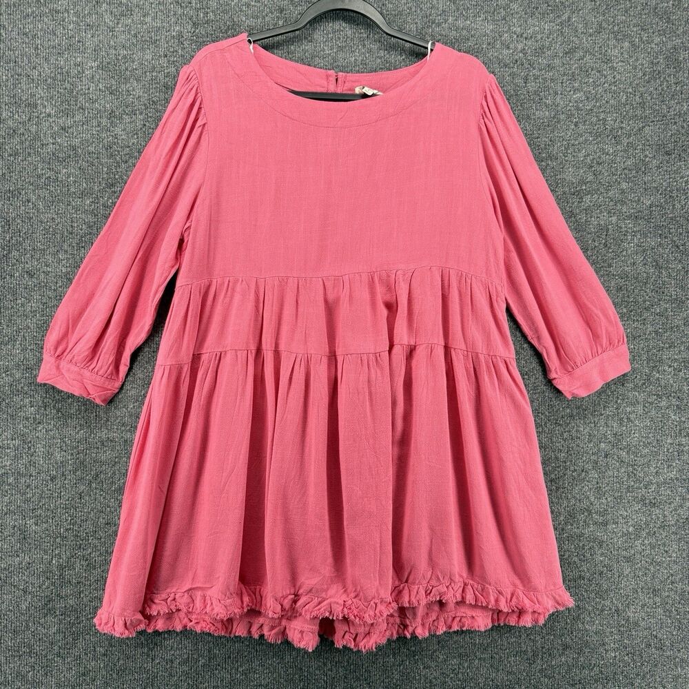UMGEE Dress Womens S Pink Linen Cotton Babydoll Tiered Mini Boho Peasant‎ Casual